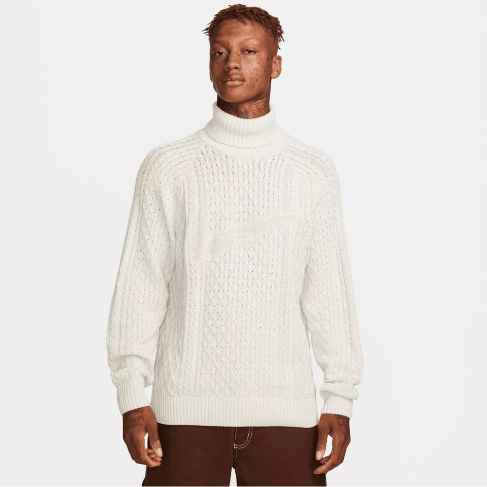 Nike Life Men's Cable Knit Turtleneck Jumper Cargo Light Bone Size M FB7770-072